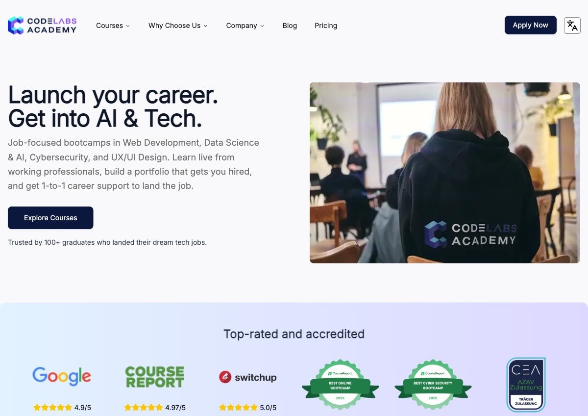 Página principal de Code Labs Academy: bootcamps de Web Development, Data Science & AI, ciberseguridad y UX/UI
