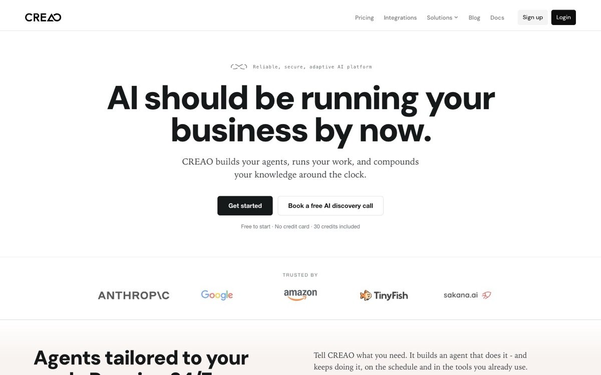Página principal de Creao AI: «AI should be running your business by now»