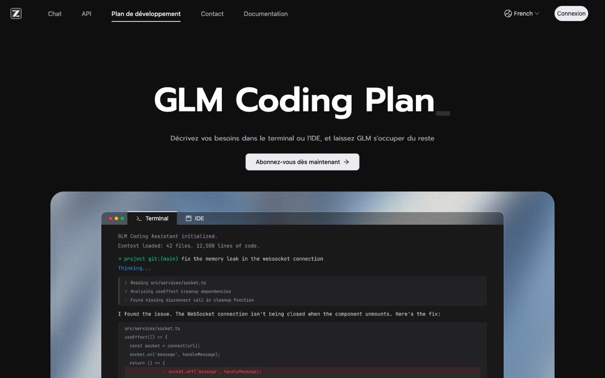Página principal de GLM Coding Plan en z.ai: «Describe tus necesidades en el terminal o en el IDE, y deja que GLM se encargue del resto»