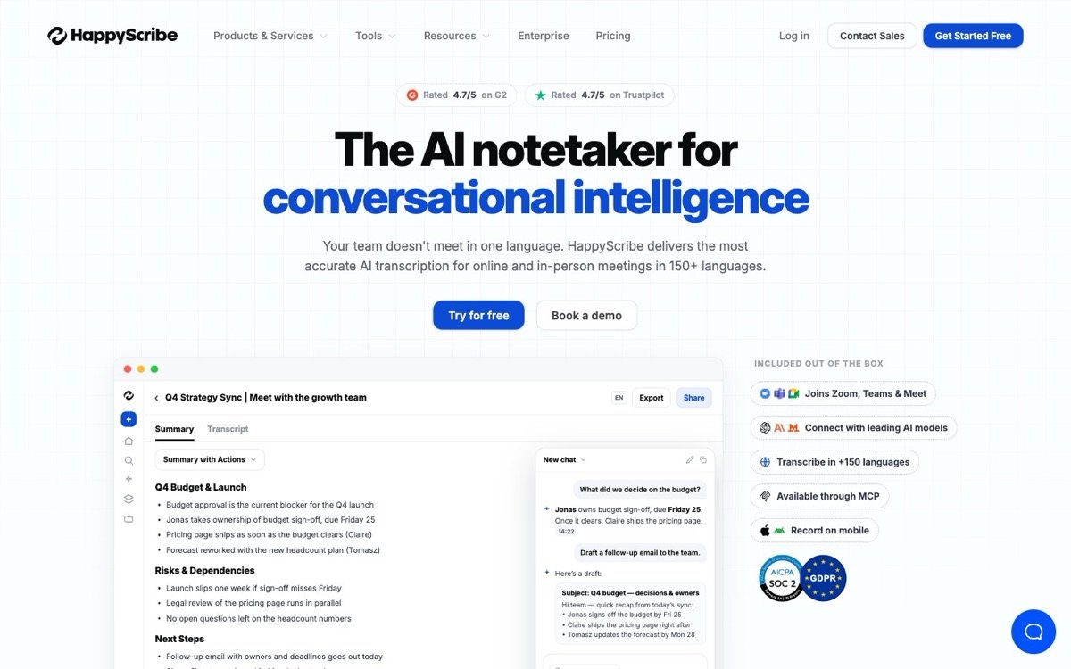 Página principal de HappyScribe: transcripción de reuniones con IA en 150+ idiomas, calificada 4,7/5 en G2 y Trustpilot