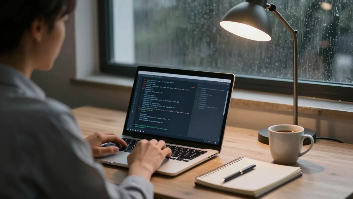 Consultor trabajando de noche en un portátil que muestra un terminal, con una lámpara de escritorio y un cuaderno