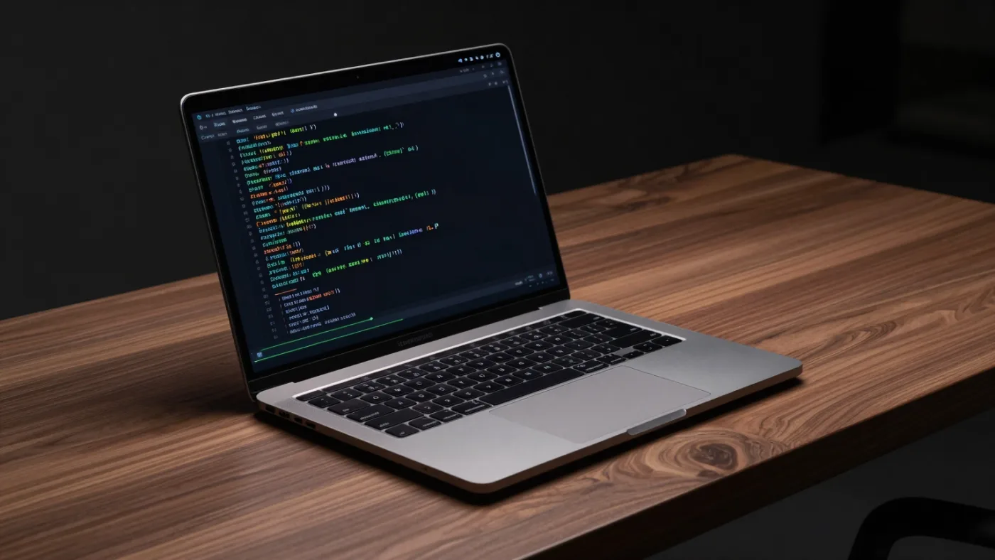 MacBook Pro abierto en un escritorio oscuro, terminal mostrando una generación de texto en curso